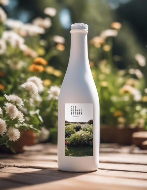 Maqueta de botella blanca con fondo de jardín