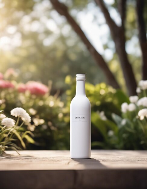 Foto maqueta de botella blanca con fondo de jardín