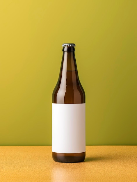 Foto maqueta de una botella de cerveza con una etiqueta blanca en blanco en un fondo de color