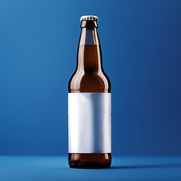 Maqueta de una botella de cerveza con una etiqueta blanca sobre un fondo azul.