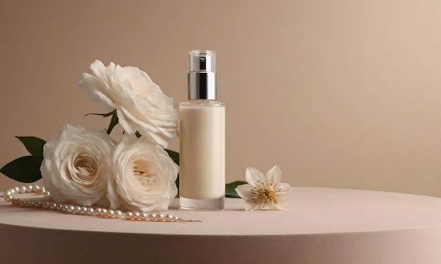 Maqueta de botella cosmética de vidrio elegante de lujo con tapa de metal en un podio beige con rosas y perlas