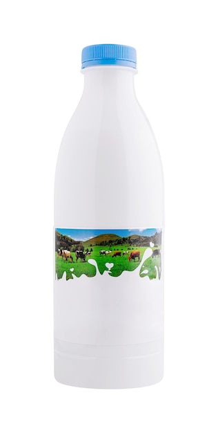 Maqueta de botella de leche de plástico blanca de pie sobre un fondo blanco