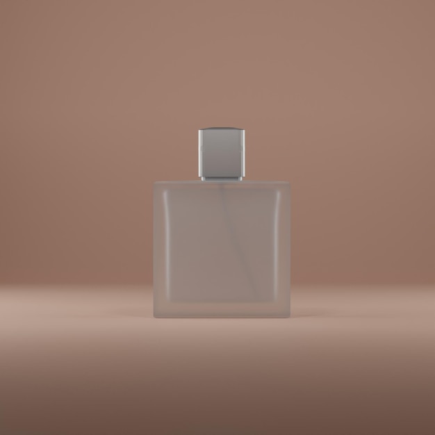 Foto maqueta de botella de perfume. frasco de vidrio de perfume sobre un fondo beige. render 3d de perfume