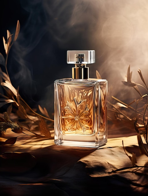Maqueta de botella de perfume de lujo comercial de perfume exquisito con luz natural y ricas texturas en