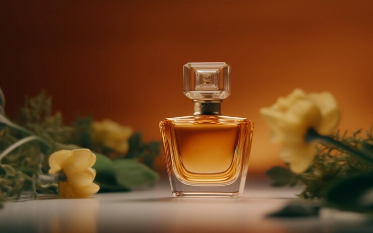 maqueta de una botella de perfume simple con flores amarillas a su alrededor