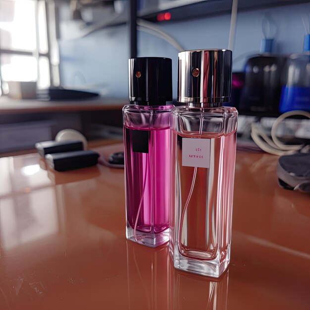 Maqueta de botella de perfume sobre una mesa