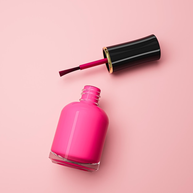 Maqueta de botella de vidrio de esmalte de uñas sobre fondo rosa Ilustración 3d de producto cosmético de belleza de maquillaje