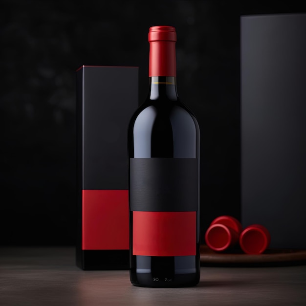 Maqueta de botella de vino negro con etiqueta vacía y espacio de copia para su logotipo