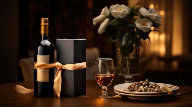Maqueta de botella de vino premium Soporte de bebida de vino de alcohol en el fondo con copa de vino y decorativo