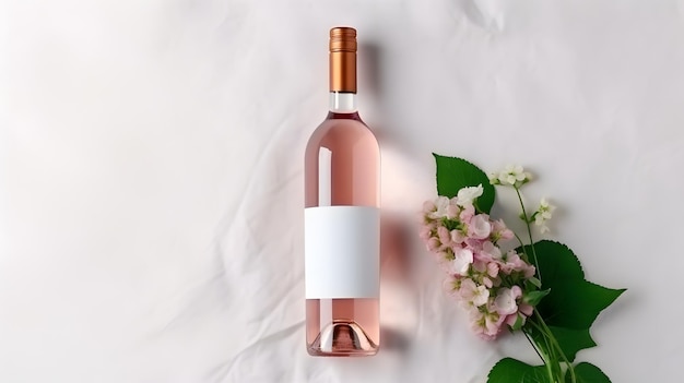 Foto maqueta de botella de vino de rosas con rosas rosadas en fondo blanco vista superior plana