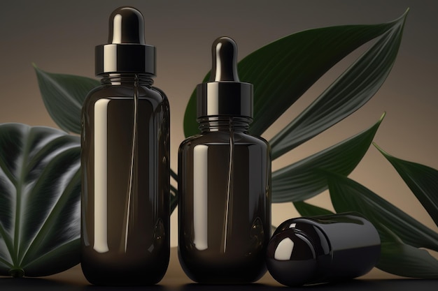 Maqueta de botellas cosméticas de vidrio con cuentagotas sobre fondo beige con hojas tropicales Generación de IA