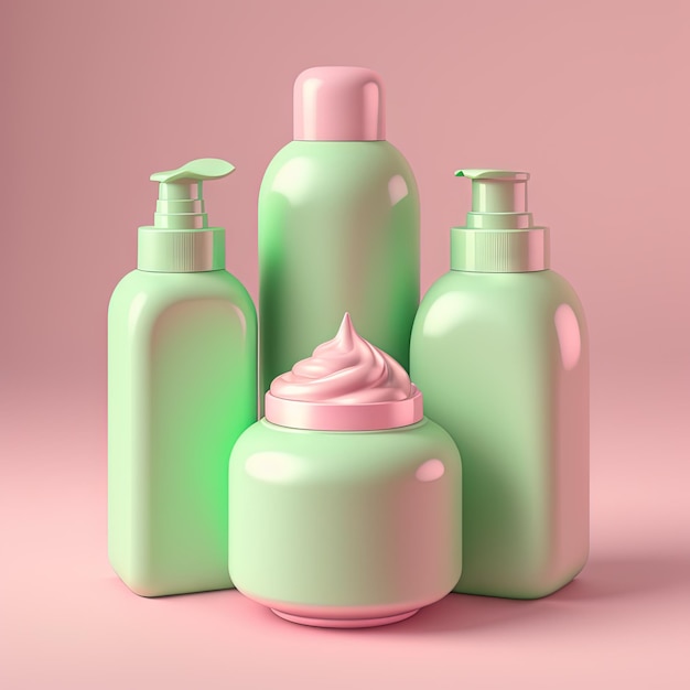 Maqueta de botellas de cosméticos Botellas verdes vacías sobre fondo rosa IA generativa