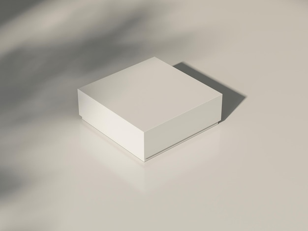 Maqueta de caja blanca en mesa blanca con sombras, renderizado 3d