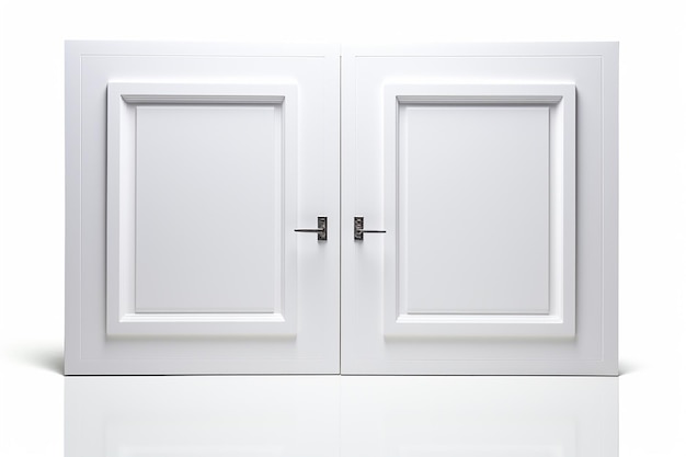 Maqueta de caja blanca sobre fondo blanco con dos puertas en blanco en