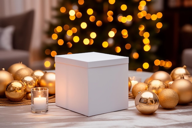 Maqueta de caja en blanco en fondo navideño con luces generadas por AI