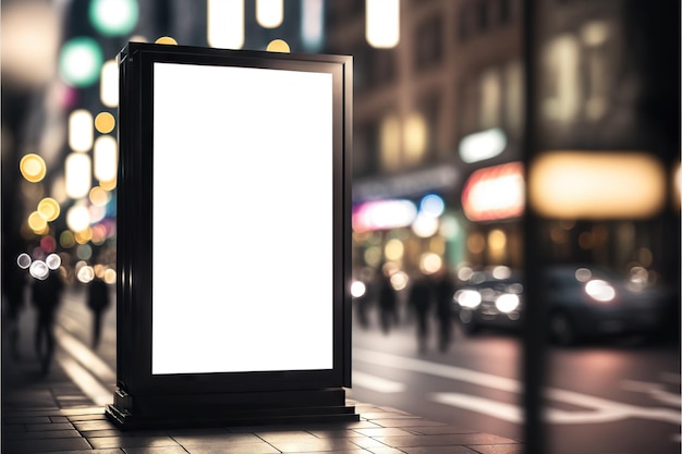 Maqueta de caja de luz en blanco en la concurrida calle nocturna de la metrópolis