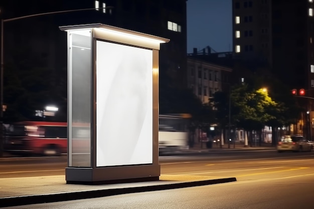 Una maqueta de una caja de luz publicitaria en blanco en una parada de autobús