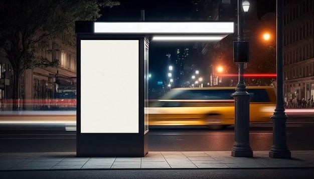 Maqueta de una caja de publicidad ligera en una parada de autobús por la noche IA generativa