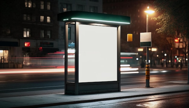 Maqueta de una caja de publicidad ligera en una parada de autobús por la noche IA generativa