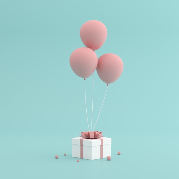 Maqueta de caja de regalo y globos en estilo minimalista.