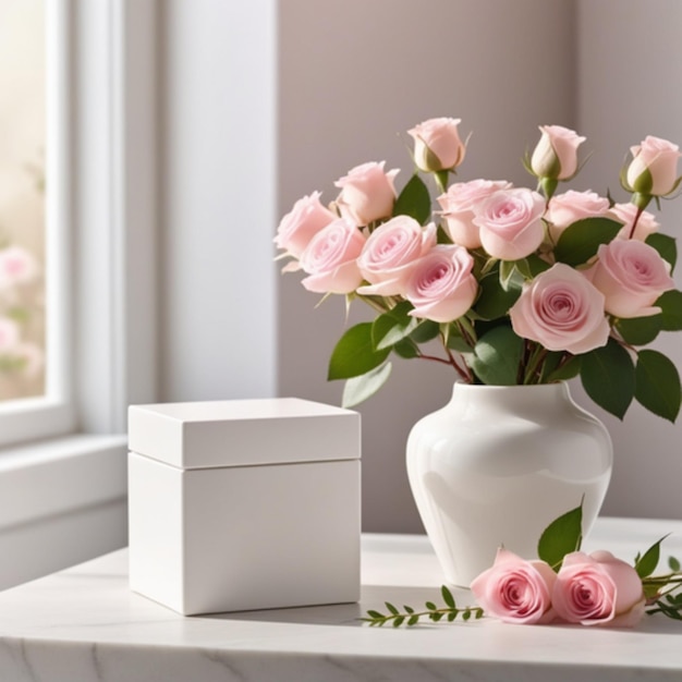 Maqueta de una caja vacía en una mesa con flores frescas