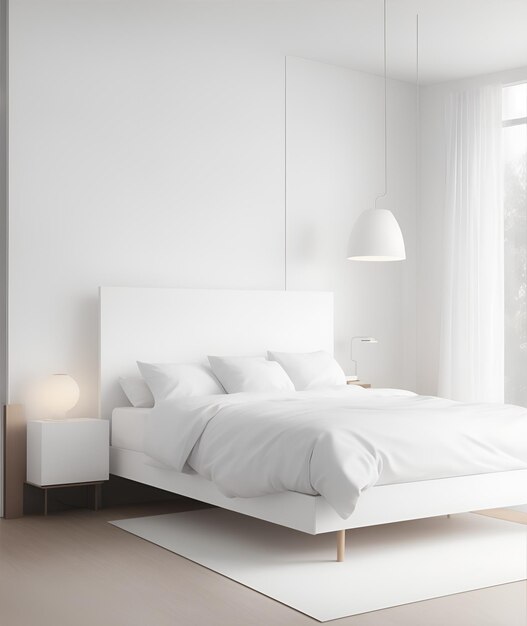 Maqueta de cama doble blanca Lámpara de habitación estándar moderna iluminación natural Solo 2 almohadas