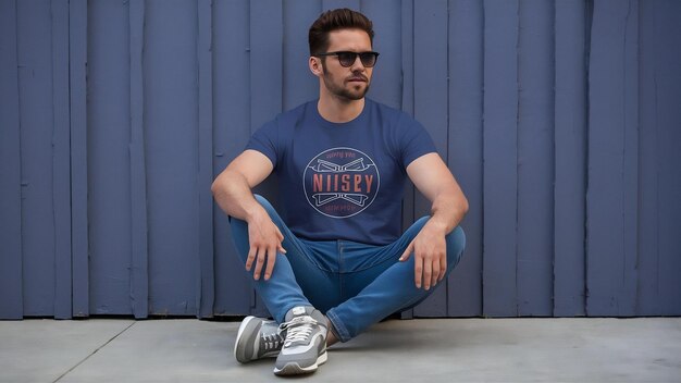 Foto maqueta de camiseta de algodón unisex azul marino con zapatillas de entrenamiento grises y vaqueros diseño de la camiseta plantilla tee print