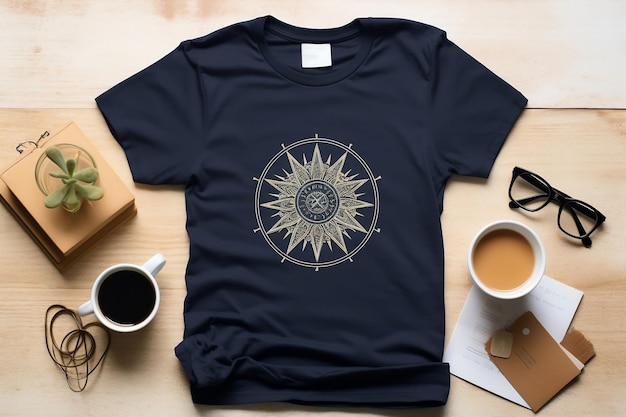 Maqueta de camiseta azul marino con destello de lente Flatlay Generative de Ai