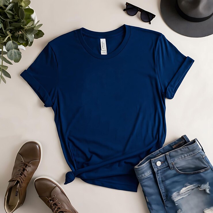 Maqueta de camiseta azul premium de alta calidad plantilla de tee en blanco para marca y diseño
