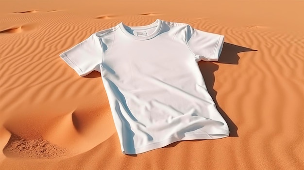 Maqueta de una camiseta blanca en la arena generada por la inteligencia artificial