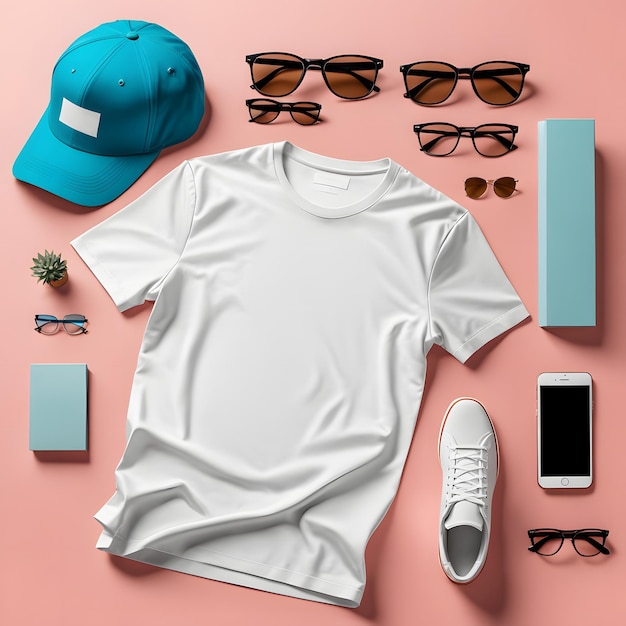 Maqueta de camiseta blanca en blanco con gafas de sol, zapatillas y otros objetos