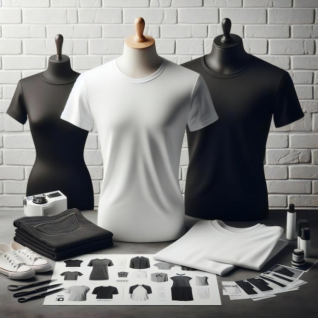 Maqueta de camiseta blanca y camiseta negra en un maniquí sobre un fondo de ladrillo