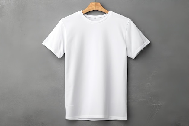 Maqueta de camiseta blanca colgante sobre fondo de pared