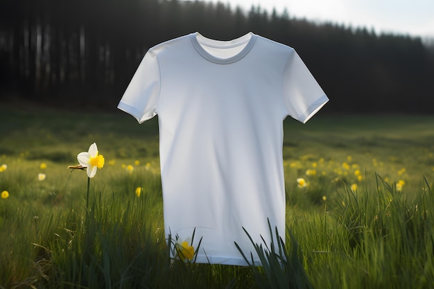 Una maqueta de camiseta blanca con estampados de narcisos sobre un fondo de pradera IA generativa