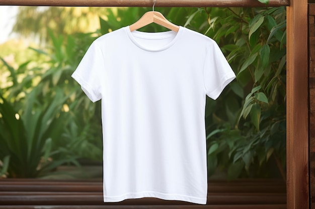 Maqueta de camiseta blanca en una percha al aire libre AI Generative