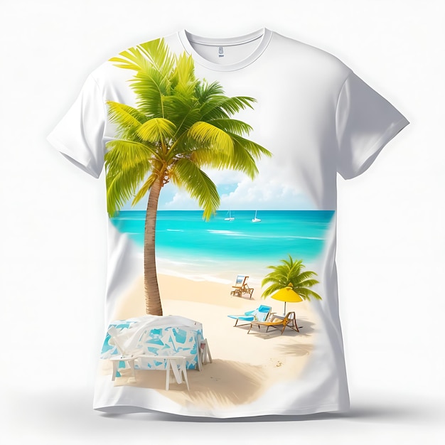 una maqueta de camiseta blanca con un tema de vacaciones de verano que incorpora escenas de playa y palmeras