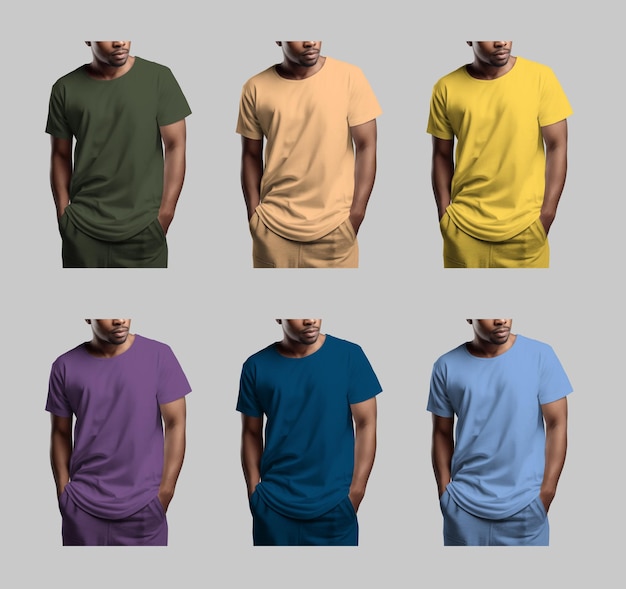 Foto maqueta de una camiseta brillante en un hombre afroamericano ropa casual en un tipo barbudo brutal conjunto de tela de verano plantilla de camisas coloridas para diseño publicitario fotografía de producto ia generativa
