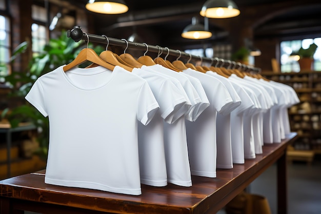 Foto maqueta de una camiseta colgada en una percha en una tienda generada por ia