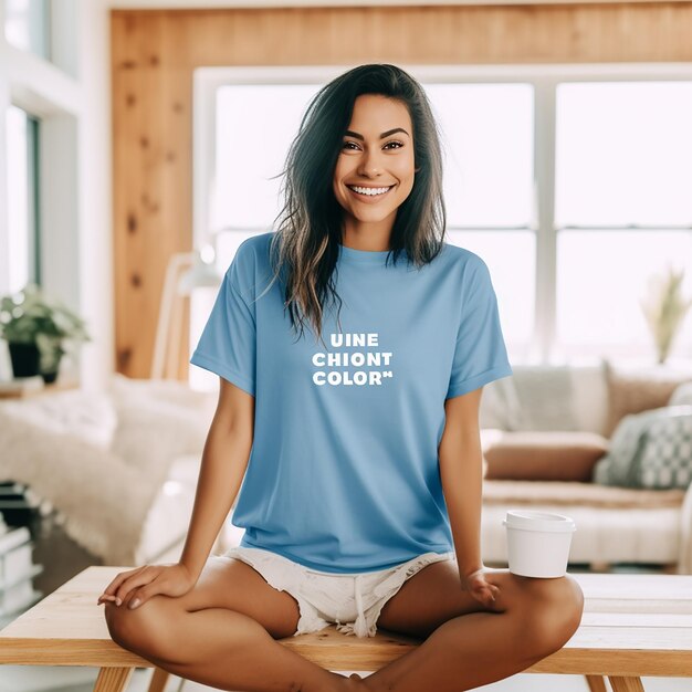 Foto maqueta de camiseta de una mujer joven sonriendo con una camiseta malva jaspeada en blanco