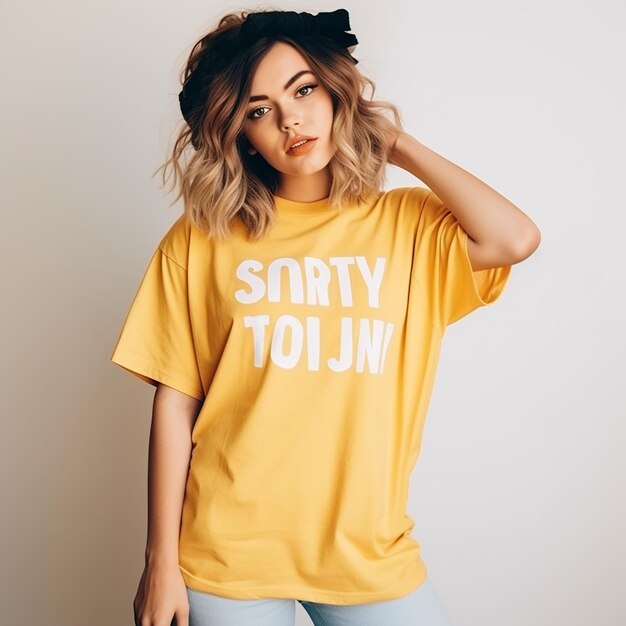 maqueta de camiseta de una mujer joven sonriendo con una camiseta malva jaspeada en blanco