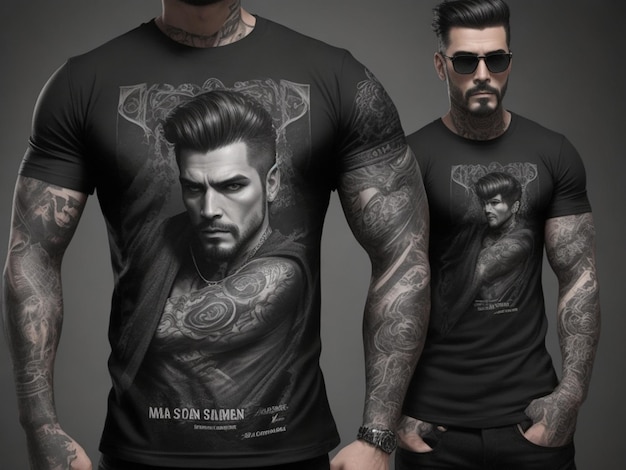 Maqueta de camiseta negra para hombres en PSD en modelo tatuado