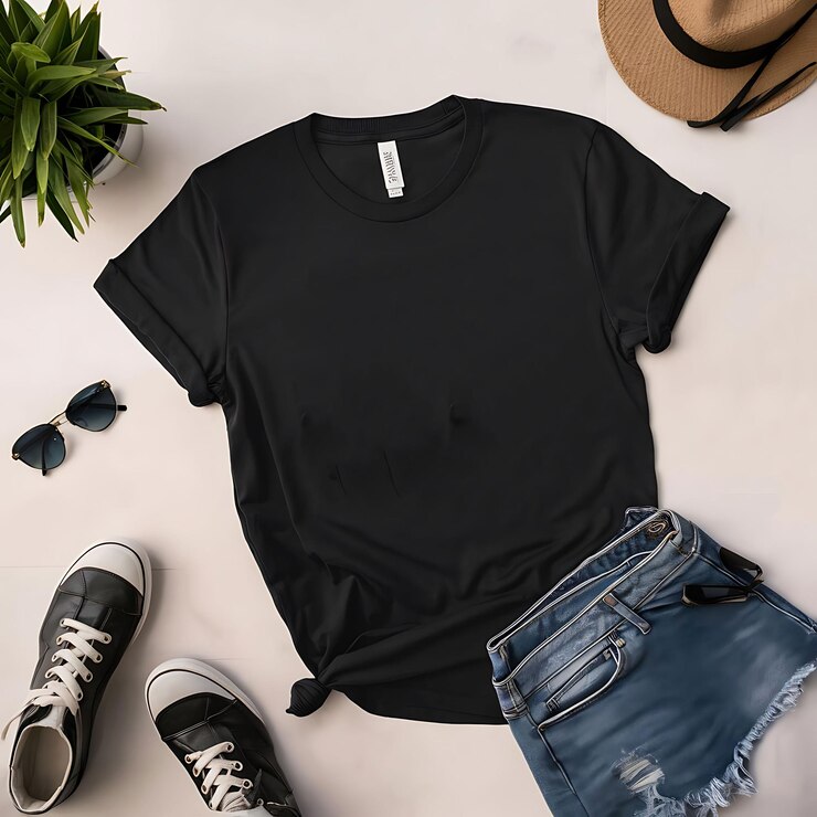 Maqueta de camiseta negra premium de alta calidad plantilla de tee en blanco para marca y diseño