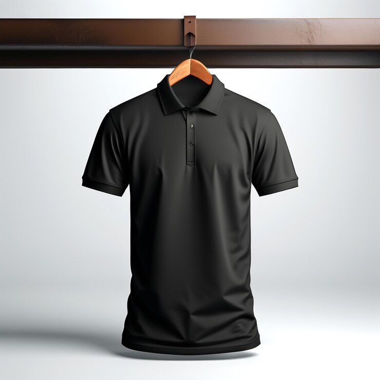 Maqueta de camiseta negra vacía colgada en el metal Rendering en 3D de la base Vista delantera