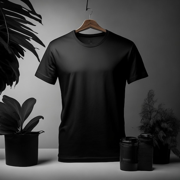 Maqueta de camiseta negra con vista frontal con fondo blanco