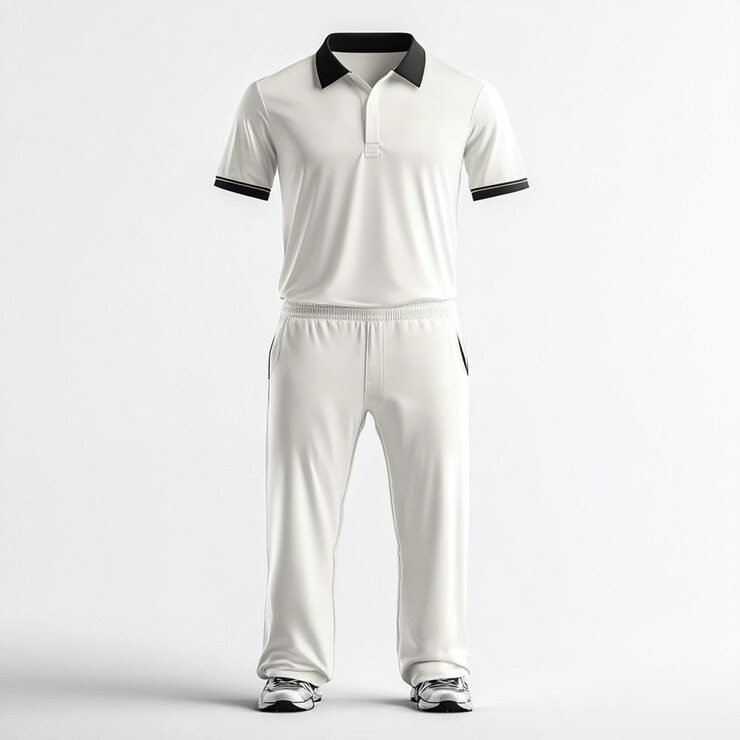 Maqueta de camiseta y pantalones de cricket sobre un fondo blanco