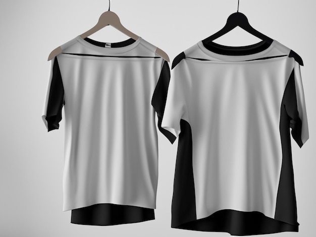 Foto maqueta de camiseta realista camiseta en blanco y negro en percha diseño de maqueta de camiseta