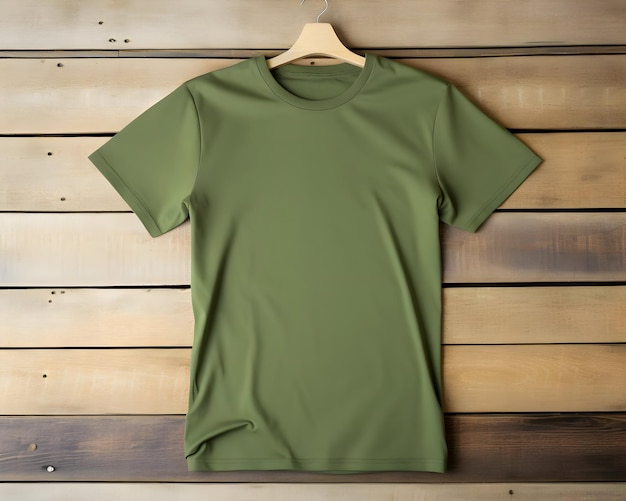 Foto una maqueta de una camiseta verde en un fondo de madera de alta calidad