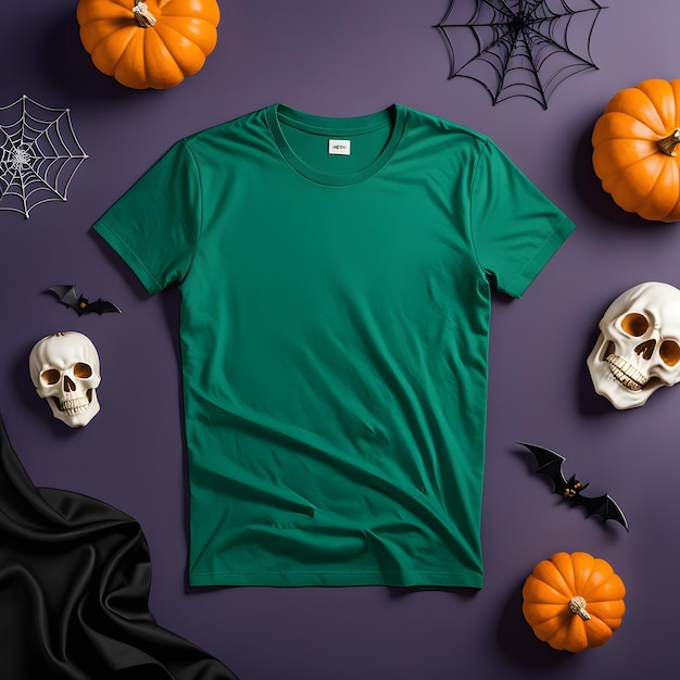 Maqueta de camiseta verde de halloween endecha plana