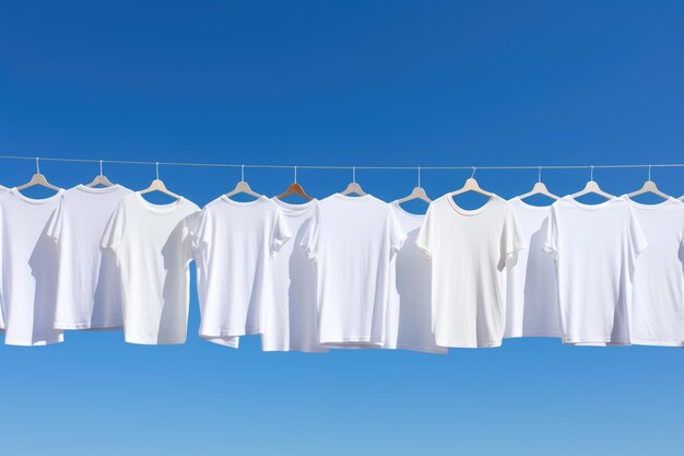 Maqueta de camisetas blancas en una percha al aire libre AI generativo