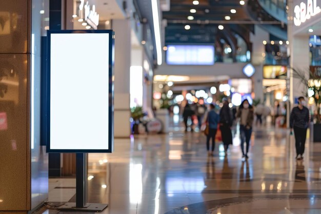 Maqueta de cartel publicitario en blanco dentro del centro comercial Interior del centro comercial